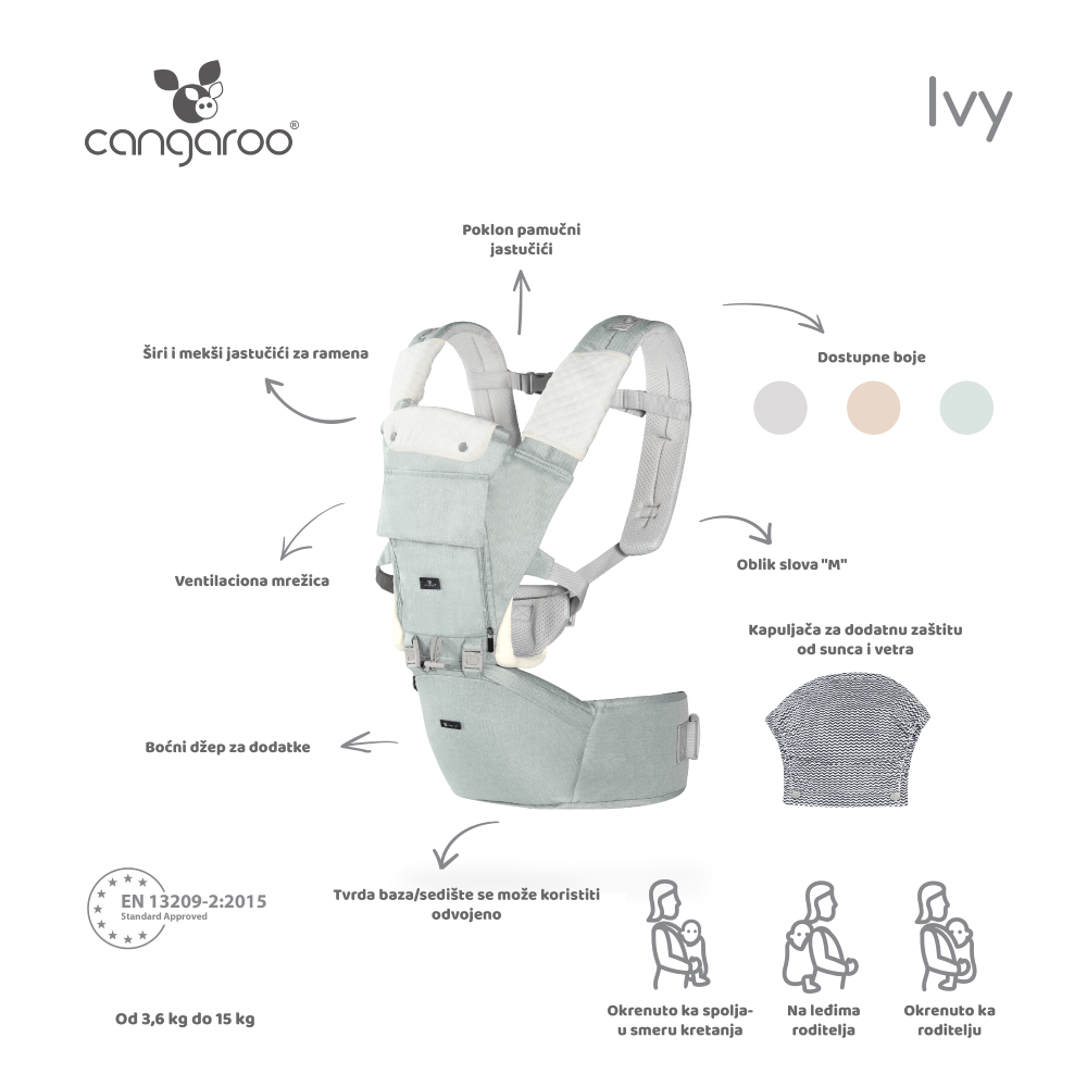 Cangaroo Kengur nosiljka Ivy + GRATIS pamučni jastučići - Green prikaz svih funkcija i boja