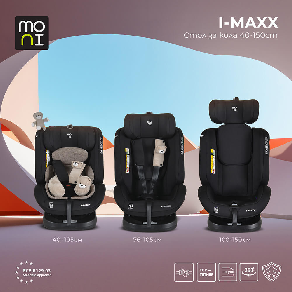 Moni Auto sedište za decu i-Maxx 40-150cm - Cool Beige prikaz podešenog auto sedišta u odnosu na visinu deteta