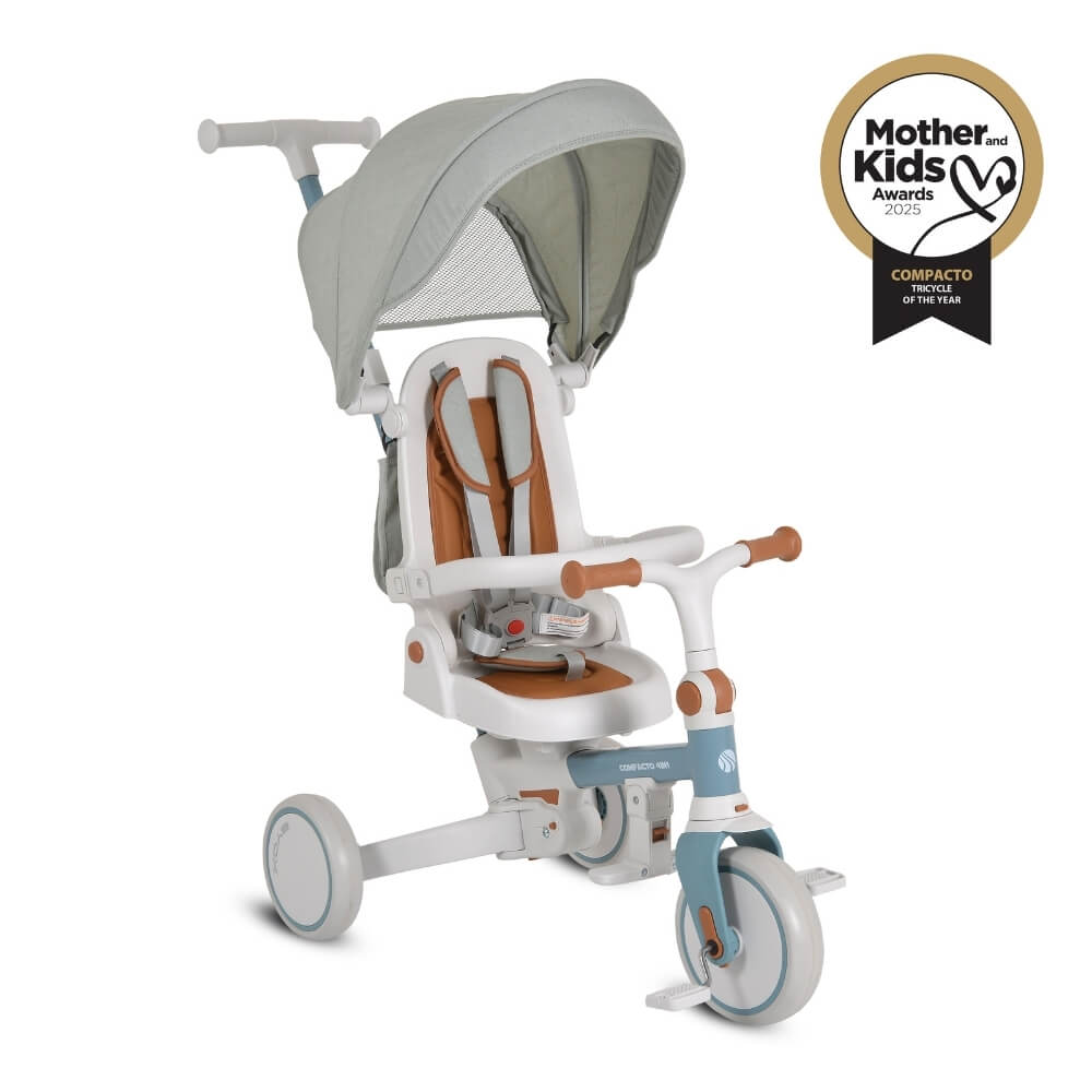 Plavi 4-u-1 tricikl za decu sa rotirajućim sedištem i EVA točkovima.