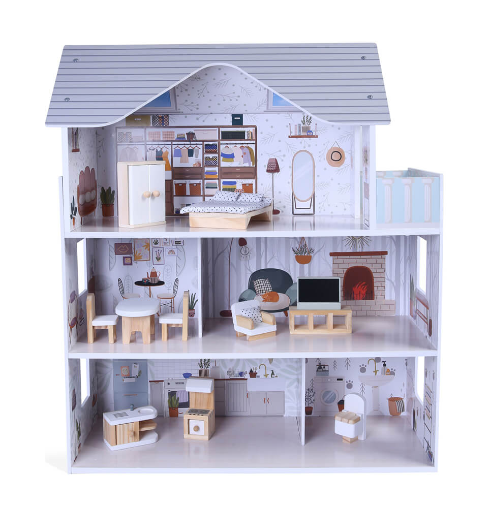 Moni Toys drvena kućica za lutke Sarah 8301 – prikaz elegantne troetažne kućice sa nameštajem i detaljno uređenim sobama.