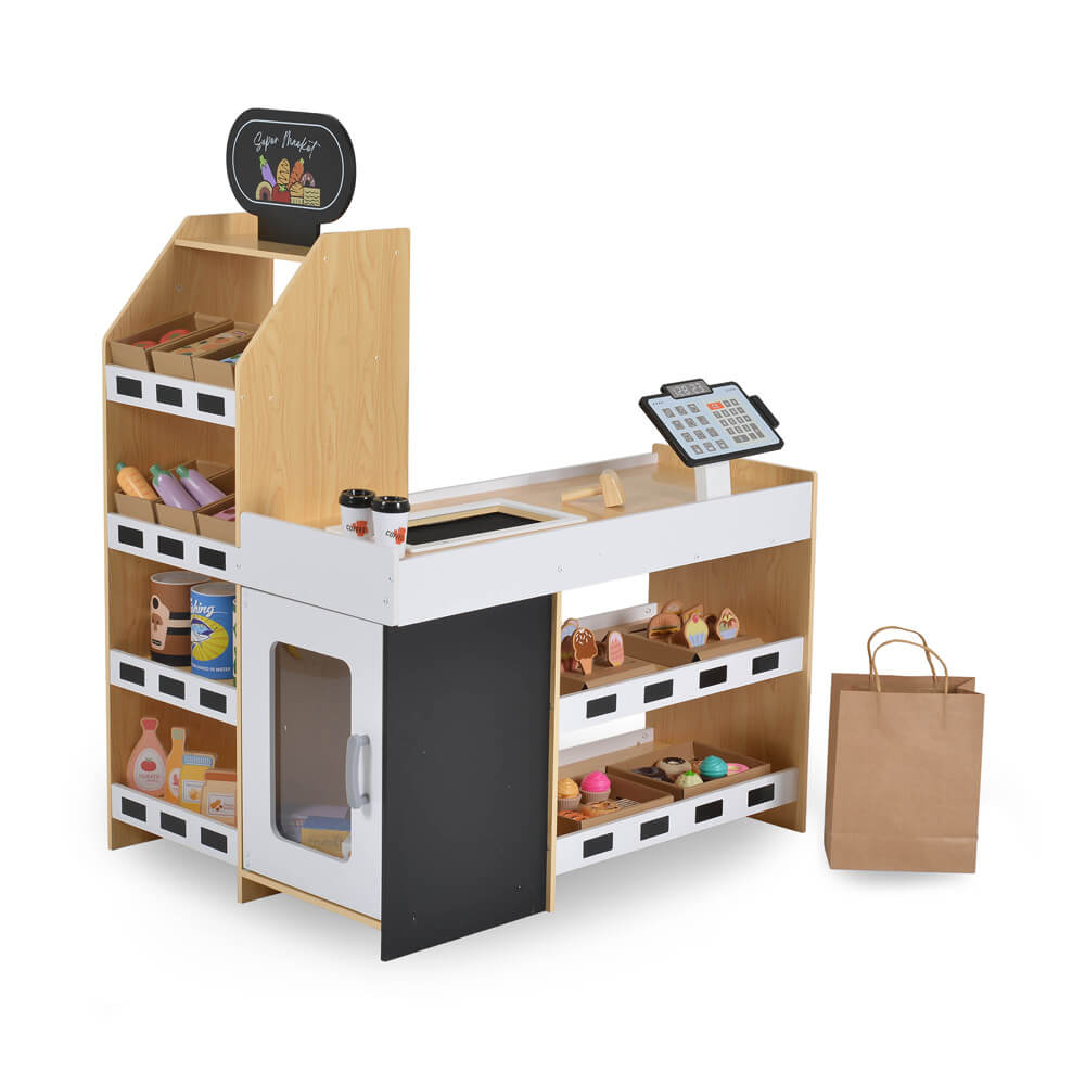 Drvena prodavnica za igru Moni Toys W10A214 sa pultom, kasom i policama – edukativna igračka za decu 3+ godine